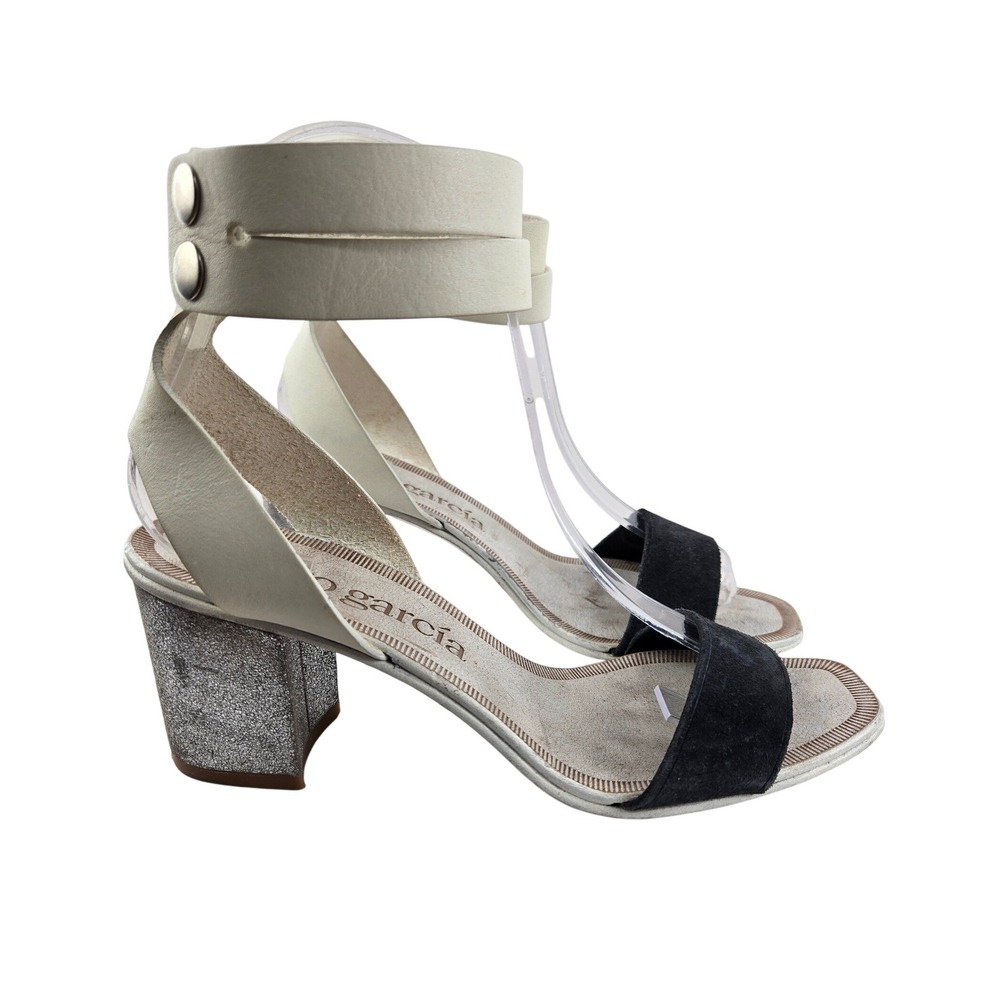 Pedro Garcia Xola Sandals White Leather Black‎ Suede Silver Block Heel Size 37 7